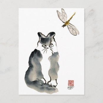 Unpalatable Insect [dragonfly] And Gray Kitten Postcard by Zen_Ink at Zazzle