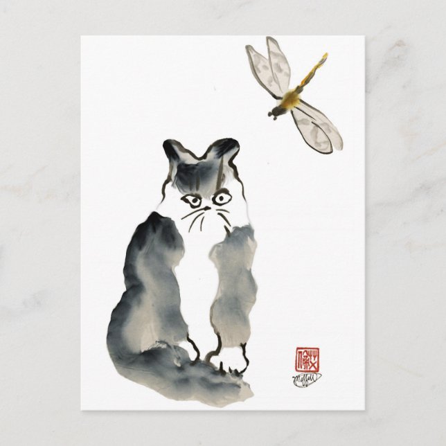Unpalatable Insect [dragonfly] and Gray Kitten Postcard (Front)
