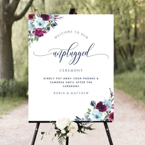 Unplugged Ceremony Berry Blue Burgundy Floral Sign