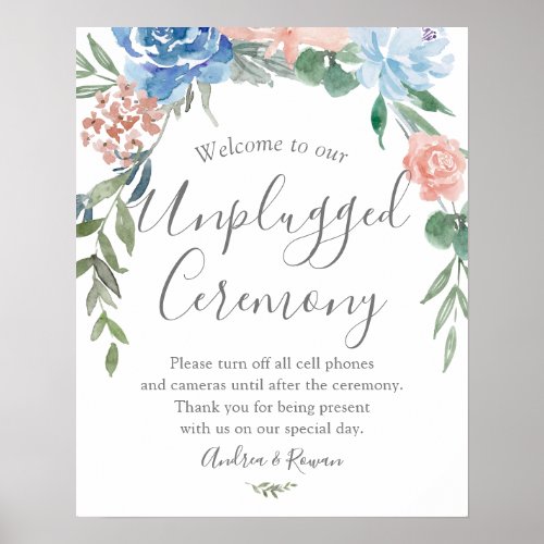 Unplugged Ceremony Dusty Blue and Pink Wedding Poster