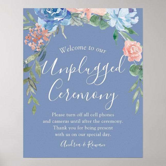 Unplugged Ceremony Dusty Blue and Pink Wedding Poster (Front)