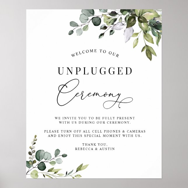 Unplugged Ceremony Eucalyptus Greenery Wedding Poster (Front)