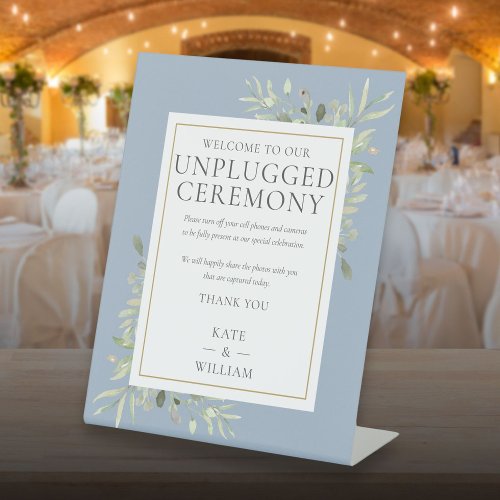 Unplugged Ceremony Greenery Dusty Blue Wedding Pedestal Sign