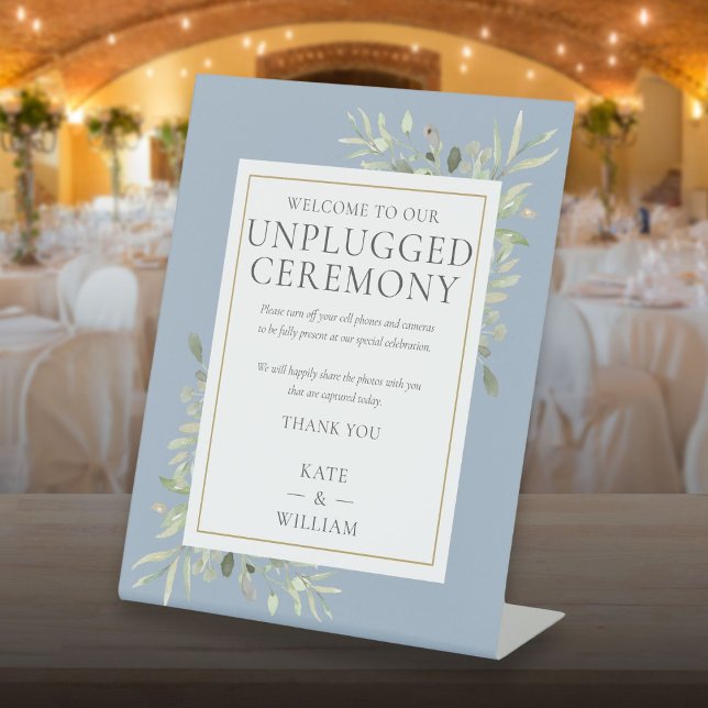 Unplugged Ceremony Greenery Dusty Blue Wedding Pedestal Sign (Unplugged Ceremony Greenery Dusty Blue Wedding Pedestal Sign)