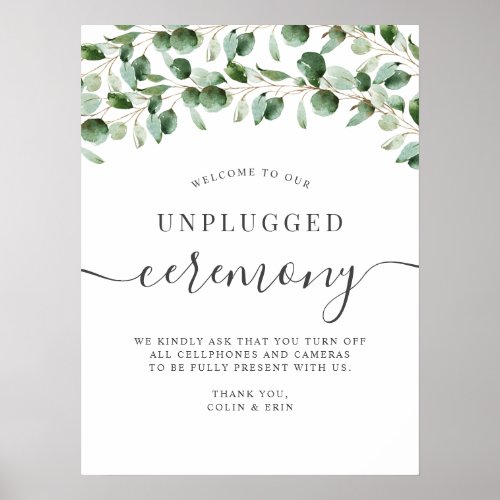Unplugged Ceremony Greenery Eucalyptus Wedding Poster