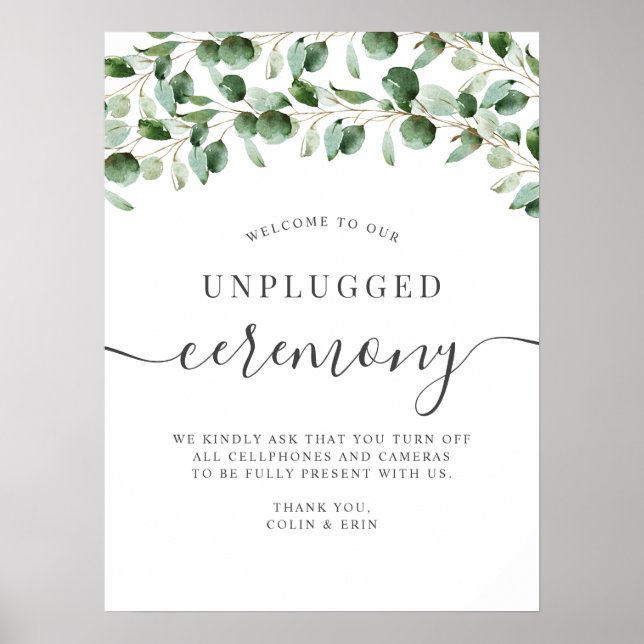 Unplugged Ceremony Greenery Eucalyptus Wedding Poster (Front)