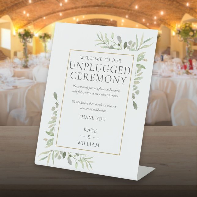 Unplugged Ceremony Greenery Wedding Pedestal Sign (Unplugged Ceremony Greenery Wedding Pedestal Sign)