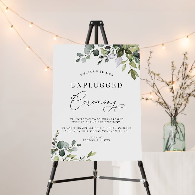 Unplugged Ceremony Modern Greenery Wedding Sign (In Situ (Stand))
