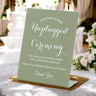 Unplugged Ceremony Sage Green White Wedding Pedestal Sign