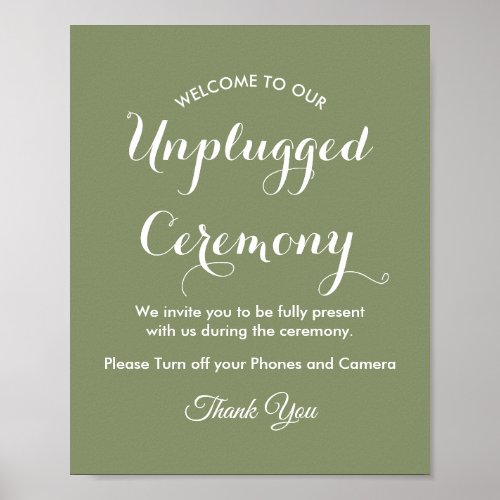 Unplugged Ceremony Sage Green White Wedding Poster