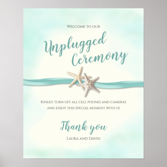 Unplugged Ceremony Starfish and Aqua Ribbon Poster (Front)