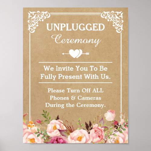 Unplugged Ceremony Wedding Sign Floral Kraft