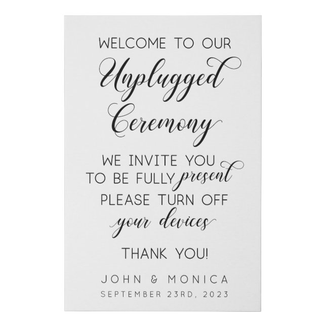 Unplugged Ceremony Wedding Welcome Faux Canvas Print (Front)