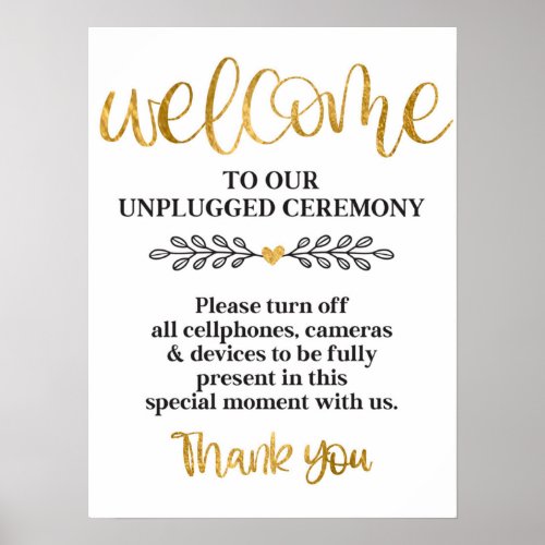 Unplugged Ceremony White Gold Calligraphy Wedding Poster