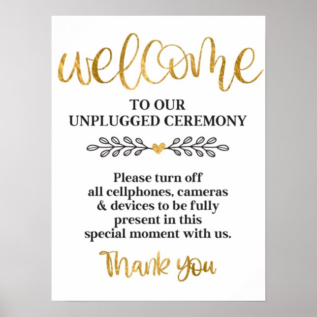 Unplugged Ceremony White Gold Calligraphy Wedding Poster (Front)