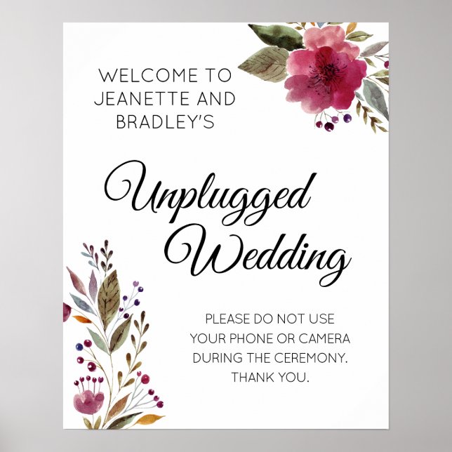 Unplugged Wedding Burgundy Floral Wedding Sign (Front)