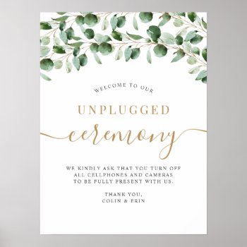 Unplugged Wedding Ceremony Eucalyptus Greenery Poster by PeachBloome at Zazzle