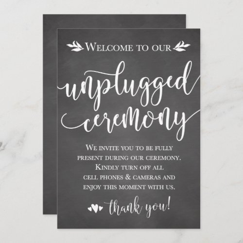 Unplugged Wedding Ceremony Sign Card 5x7