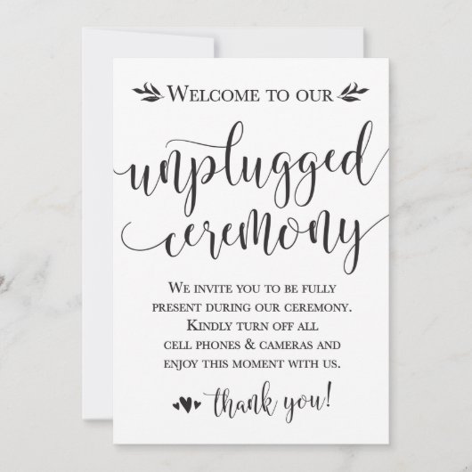 Unplugged Wedding Ceremony Sign Card 5x7 (Front)