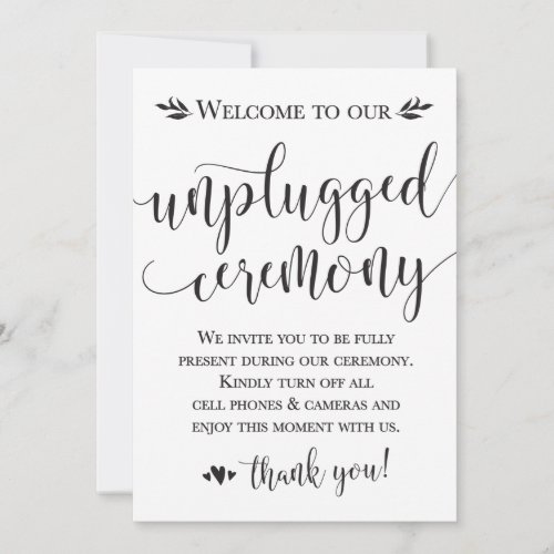 Unplugged Wedding Ceremony Sign Card 5x7
