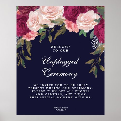 unplugged wedding ceremony sign navy floral