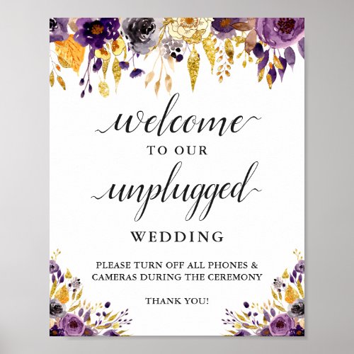 Unplugged Wedding Ceremony Sign Purple Gold Floral