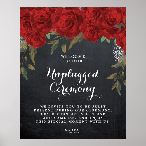 unplugged wedding ceremony sign red roses floral