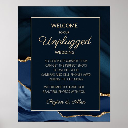 Unplugged Wedding Navy Blue Gold Marble Agate Poster