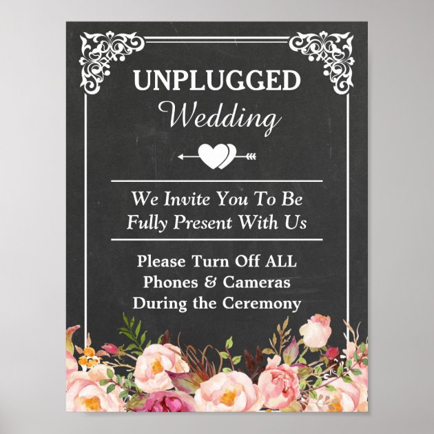 Unplugged Wedding Sign Vintage Chalkboard Floral