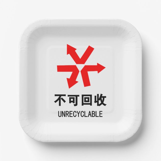 Unrecyclable ~ Chinese Language Hanzi Sign Paper Plates (Front)