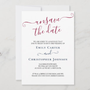 Unsave the Date Burgundy Navy Wedding Update Card