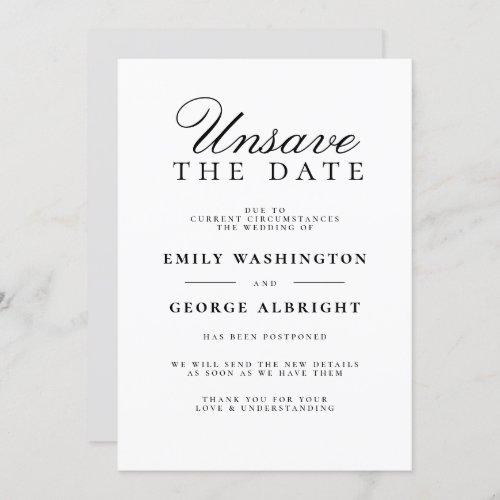 Unsave The Date Elegant Wedding Postponed Invitation