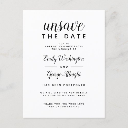 Unsave The Date Elegant Wedding Postponed Invitation Postcard