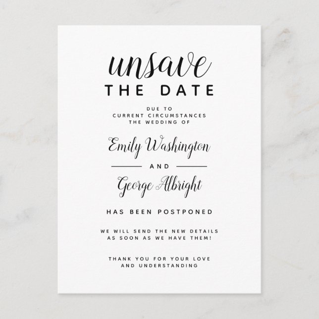 Unsave The Date Elegant Wedding Postponed Invitation Postcard (Front)