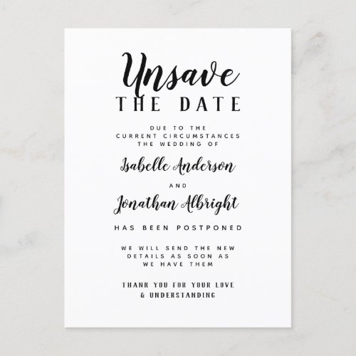 Unsave The Date Elegant Wedding Postponement Invitation Postcard