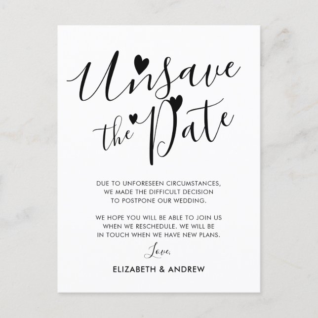 Unsave the Date Hearts Wedding Postponement Announcement Postcard (Front)