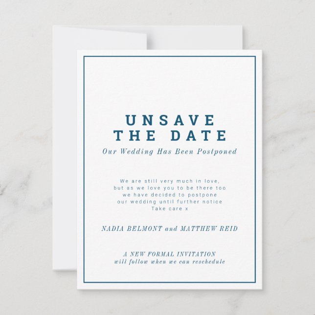 Unsave the date wedding change of plan postponed save the date (Front)