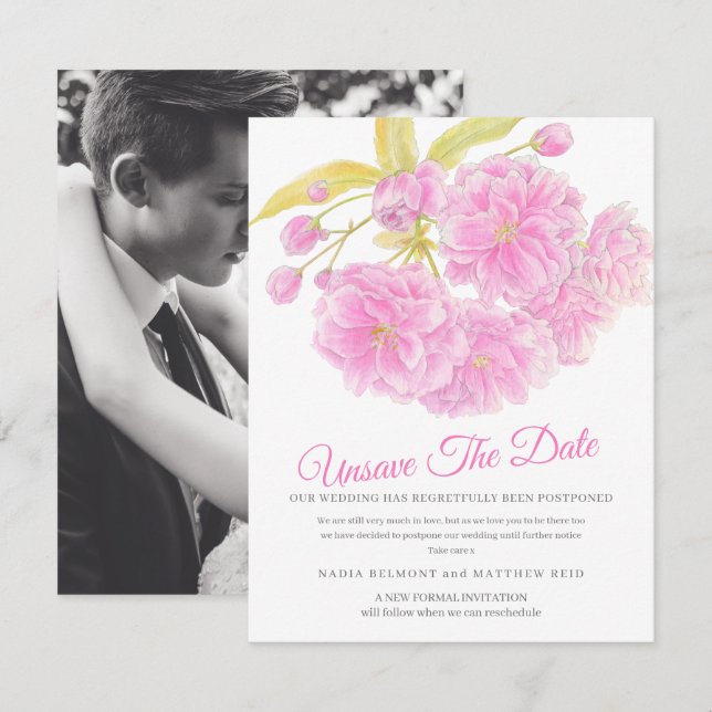 Unsave the date wedding change postponed blossom save the date (Front/Back)