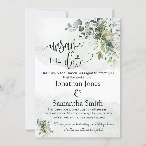 Unsave the dates wedding date change eucalyptus in invitation