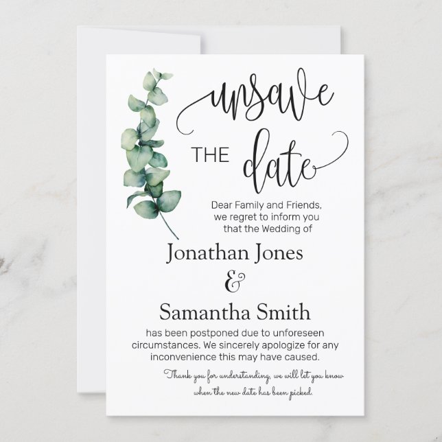 Unsave the dates wedding date change greenery invi invitation (Front)