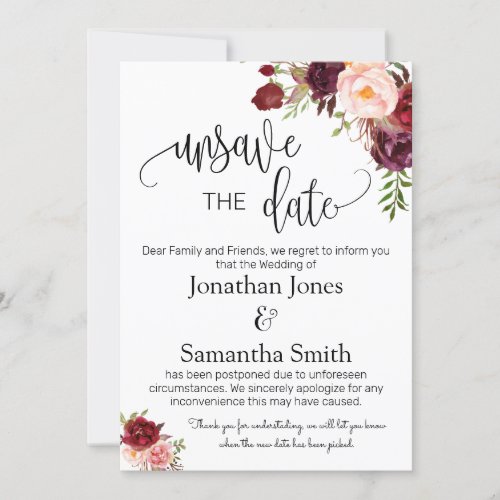 Unsave the dates wedding date change marsala invit invitation