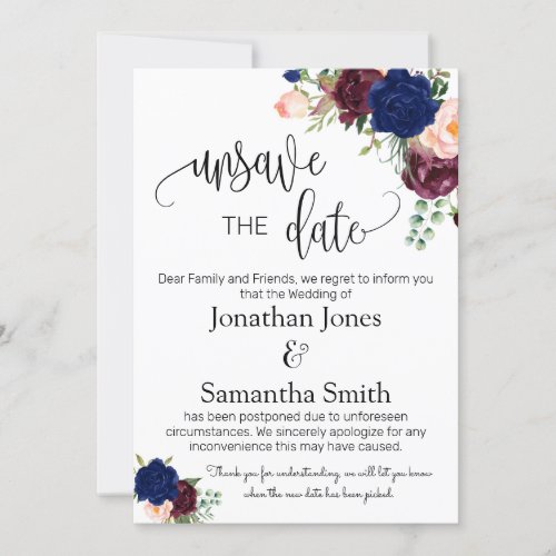 Unsave the dates wedding date change navy burgundy invitation