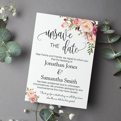 Unsave the dates wedding date change pink floral i invitation