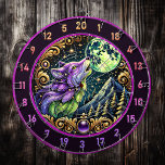 Untamed Wolf Under Starry Night Glow Dart Board<br><div class="desc">Capture the essence of the wilderness with this striking wolf artwork. The majestic purple wolf, illuminated by a glowing golden moon and surrounded by intricate celestial designs, makes for a bold statement piece in your man cave or fishing lodge. Its circular frame draws attention, creating a focal point that blends...</div>