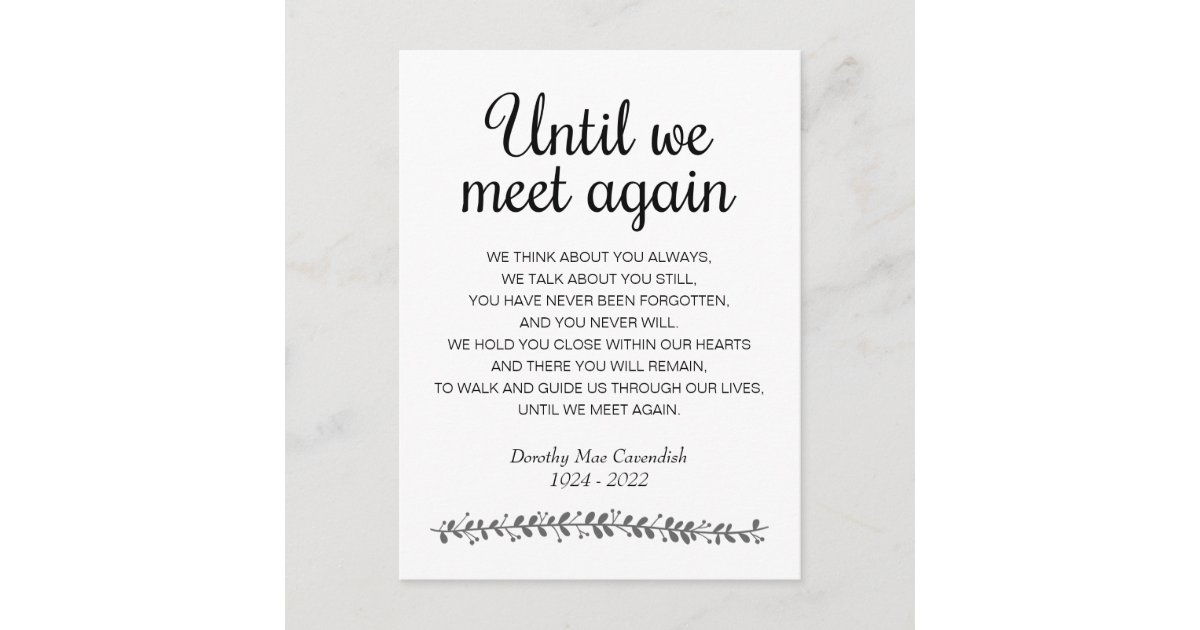 Until We Meet Again Funeral Poem Memorial Postcard