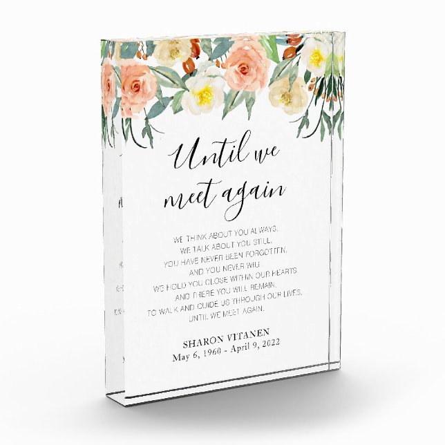 Until We Meet Again Peach Floral Memorial Poem Photo Block (Left)