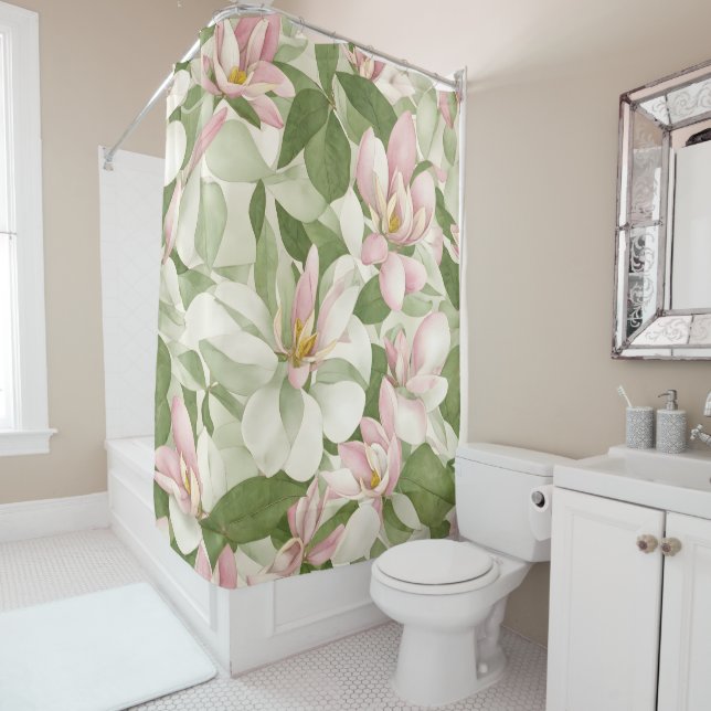 Untiled Vintage Pink and White Magnolias Shower Curtain (In Situ)