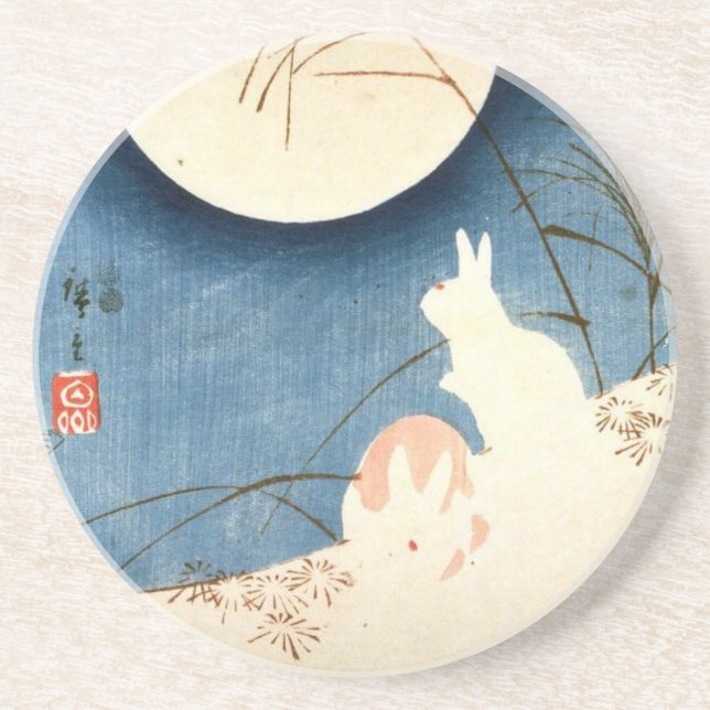 Untitled (Two Rabbits, Pampas Grass, and Full Moon Sandstone Coaster (Front)