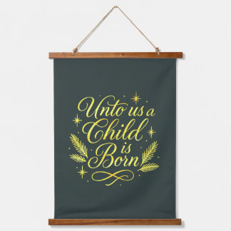Unto Us a Child is Born Blue Gold Religious Script Hanging Tapestry