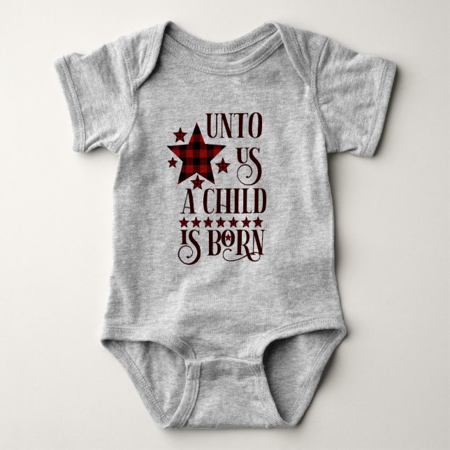 Unto Us A Child Is Born Christmas Plaid Baby Bodysuit (Front)